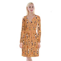 Pilgrims And Indians Pattern - Thanksgiving Long Sleeve Velvet Front Wrap Dress by Valentinaart