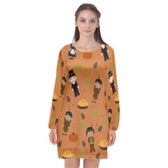 Pilgrims And Indians Pattern - Thanksgiving Long Sleeve Chiffon Shift Dress  by Valentinaart