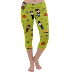 Pilgrims And Indians Pattern - Thanksgiving Capri Yoga Leggings by Valentinaart