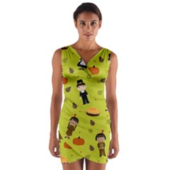 Pilgrims And Indians Pattern - Thanksgiving Wrap Front Bodycon Dress by Valentinaart