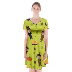 Pilgrims And Indians Pattern - Thanksgiving Short Sleeve V-neck Flare Dress by Valentinaart