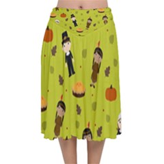 Pilgrims And Indians Pattern - Thanksgiving Velvet Flared Midi Skirt by Valentinaart