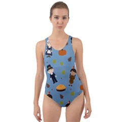 Pilgrims And Indians Pattern - Thanksgiving Cut-out Back One Piece Swimsuit by Valentinaart