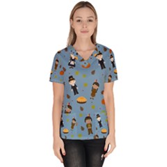 Pilgrims And Indians Pattern - Thanksgiving Scrub Top by Valentinaart