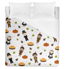 Pilgrims And Indians Pattern - Thanksgiving Duvet Cover (queen Size) by Valentinaart