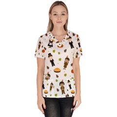 Pilgrims And Indians Pattern - Thanksgiving Scrub Top by Valentinaart