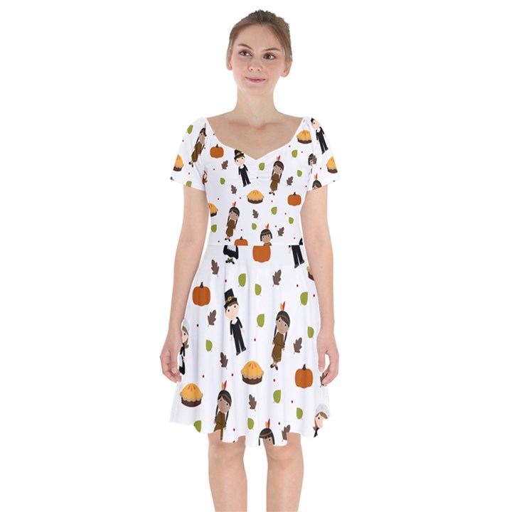 Pilgrims and Indians pattern - Thanksgiving Short Sleeve Bardot Dress