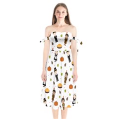 Pilgrims And Indians Pattern - Thanksgiving Shoulder Tie Bardot Midi Dress by Valentinaart