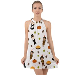 Pilgrims And Indians Pattern - Thanksgiving Halter Tie Back Chiffon Dress