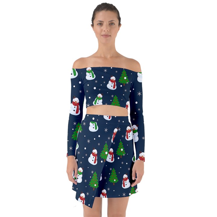 Snowman pattern Off Shoulder Top with Skirt Set