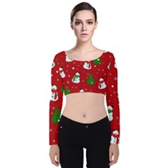 Snowman Pattern Velvet Long Sleeve Crop Top by Valentinaart