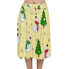 Snowman Pattern Velvet Flared Midi Skirt