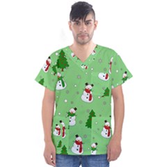 Snowman Pattern Men s V-neck Scrub Top