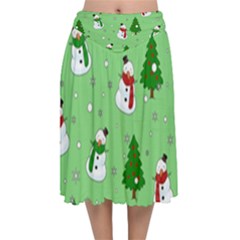 Snowman Pattern Velvet Flared Midi Skirt