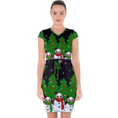 Kawaii Snowman Capsleeve Drawstring Dress 