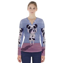 Kawaii Panda Girl V-neck Long Sleeve Top