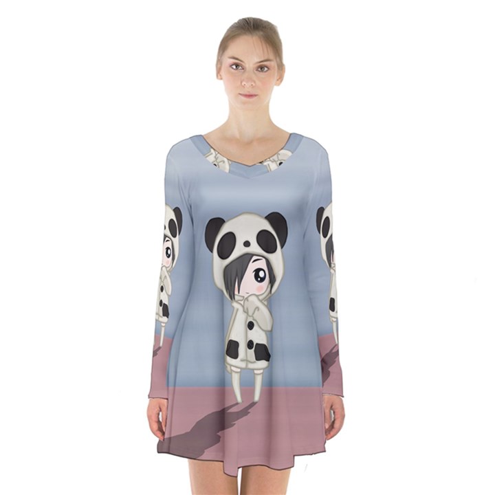 Kawaii Panda Girl Long Sleeve Velvet V-neck Dress