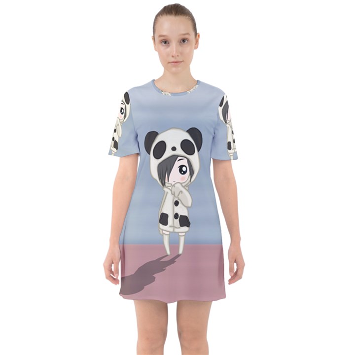 Kawaii Panda Girl Sixties Short Sleeve Mini Dress