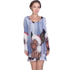 Christmas, Cute Little Piglet With Christmas Hat Long Sleeve Nightdress by FantasyWorld7