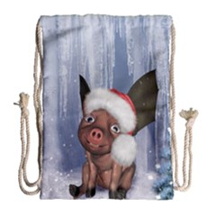 Christmas, Cute Little Piglet With Christmas Hat Drawstring Bag (large) by FantasyWorld7