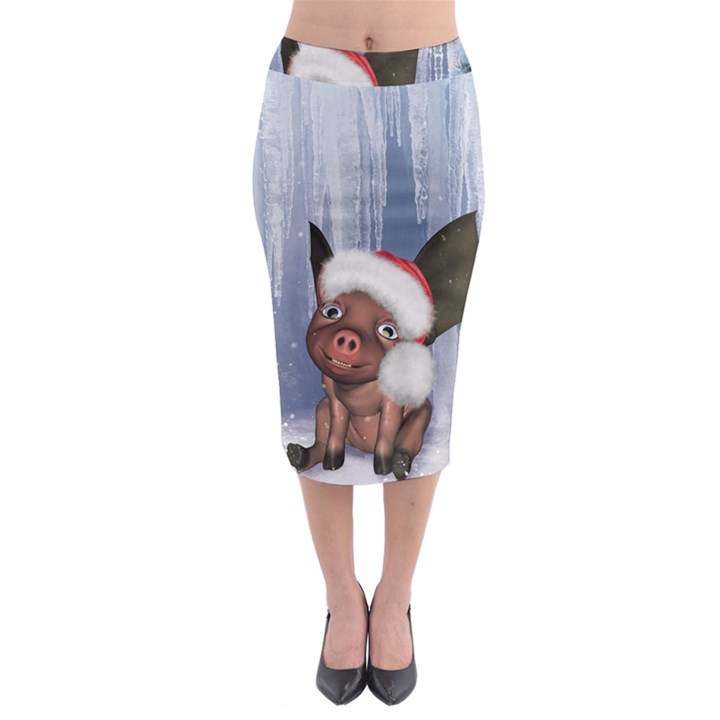 Christmas, Cute Little Piglet With Christmas Hat Midi Pencil Skirt