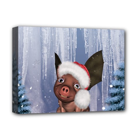 Christmas, Cute Little Piglet With Christmas Hat Deluxe Canvas 16  X 12   by FantasyWorld7