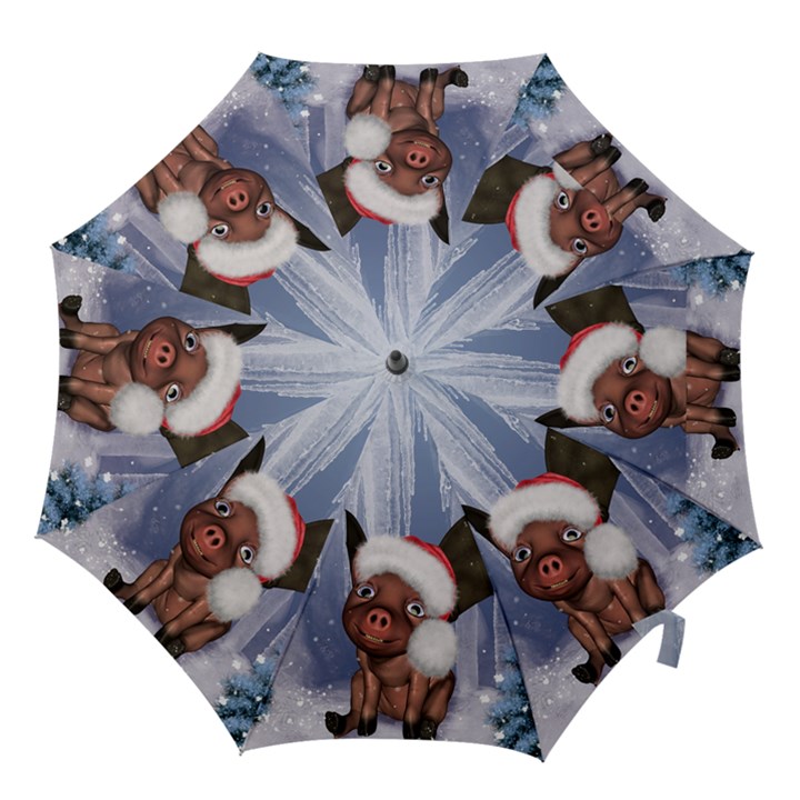 Christmas, Cute Little Piglet With Christmas Hat Hook Handle Umbrellas (Medium)