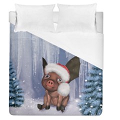 Christmas, Cute Little Piglet With Christmas Hat Duvet Cover (queen Size) by FantasyWorld7