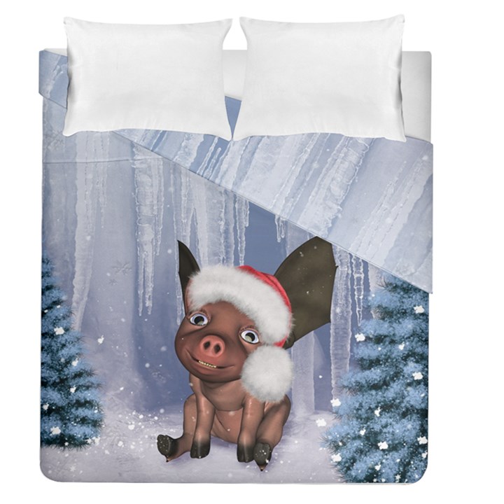 Christmas, Cute Little Piglet With Christmas Hat Duvet Cover Double Side (Queen Size)