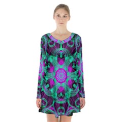 Pattern Long Sleeve Velvet V-neck Dress by gasi