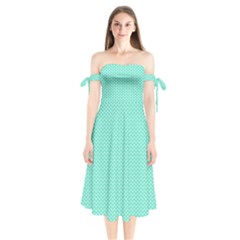 Tiffany Aqua Blue With White Lipstick Kisses Shoulder Tie Bardot Midi Dress by PodArtist