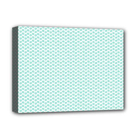 Tiffany Aqua Blue Lipstick Kisses On White Deluxe Canvas 16  X 12   by PodArtist