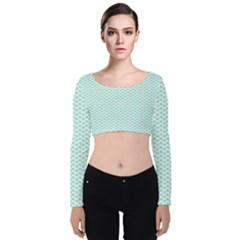 Tiffany Aqua Blue Lipstick Kisses On White Velvet Long Sleeve Crop Top