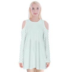 Tiffany Aqua Blue Candy Polkadot Hearts On White Velvet Long Sleeve Shoulder Cutout Dress by PodArtist