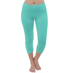 White Polkadot Hearts On Tiffany Aqua Blue  Capri Winter Leggings  by PodArtist