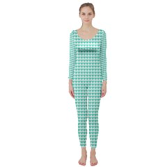 Tiffany Aqua Blue Candy Hearts On White Long Sleeve Catsuit by PodArtist