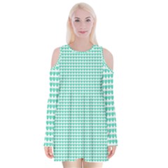 Tiffany Aqua Blue Candy Hearts On White Velvet Long Sleeve Shoulder Cutout Dress by PodArtist