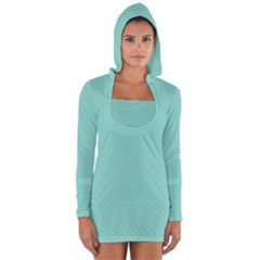 Tiffany Aqua Blue Puffy Quilted Pattern Long Sleeve Hooded T-shirt by PodArtist