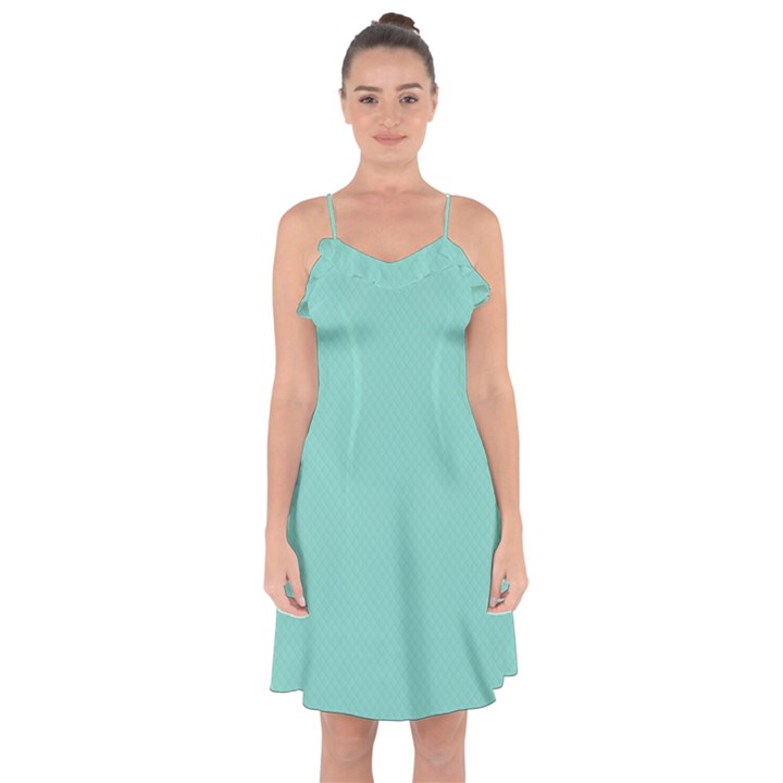 Tiffany Aqua Blue Puffy Quilted Pattern Ruffle Detail Chiffon Dress