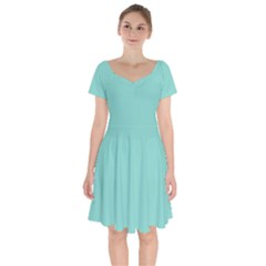 Tiffany Aqua Blue Puffy Quilted Pattern Short Sleeve Bardot Dress by PodArtist