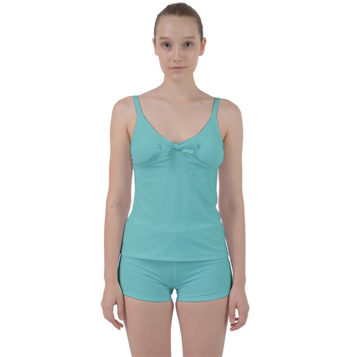 Tiffany Aqua Blue Puffy Quilted Pattern Tie Front Two Piece Tankini