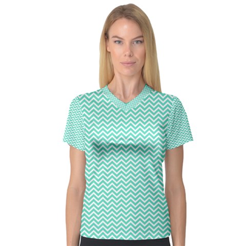 Tiffany Aqua Blue Chevron Zig Zag V-neck Sport Mesh Tee by PodArtist