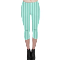 Classy Tiffany Aqua Blue Sailor Stripes Capri Leggings  by PodArtist