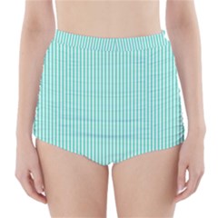 Classy Tiffany Aqua Blue Sailor Stripes High-waisted Bikini Bottoms by PodArtist