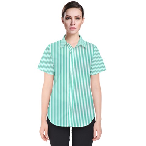 Classy Tiffany Aqua Blue Sailor Stripes Women s Short Sleeve Shirt by PodArtist