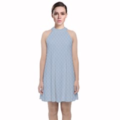 Powder Blue Stitched And Quilted Pattern Velvet Halter Neckline Dress 