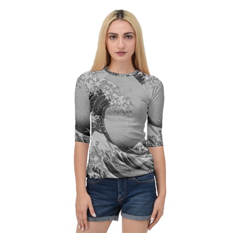 Black And White Japanese Great Wave Off Kanagawa By Hokusai Quarter Sleeve Raglan Tee by PodArtist