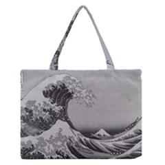 Black And White Japanese Great Wave Off Kanagawa By Hokusai Zipper Medium Tote Bag by PodArtist