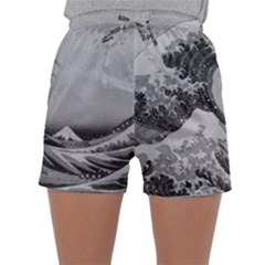 Black And White Japanese Great Wave Off Kanagawa By Hokusai Sleepwear Shorts by PodArtist