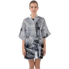 Black And White Japanese Great Wave Off Kanagawa By Hokusai Quarter Sleeve Kimono Robe by PodArtist